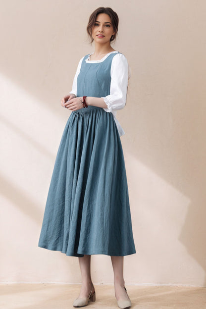 Handmade Pleated Swing Midi Linen Dress C5386