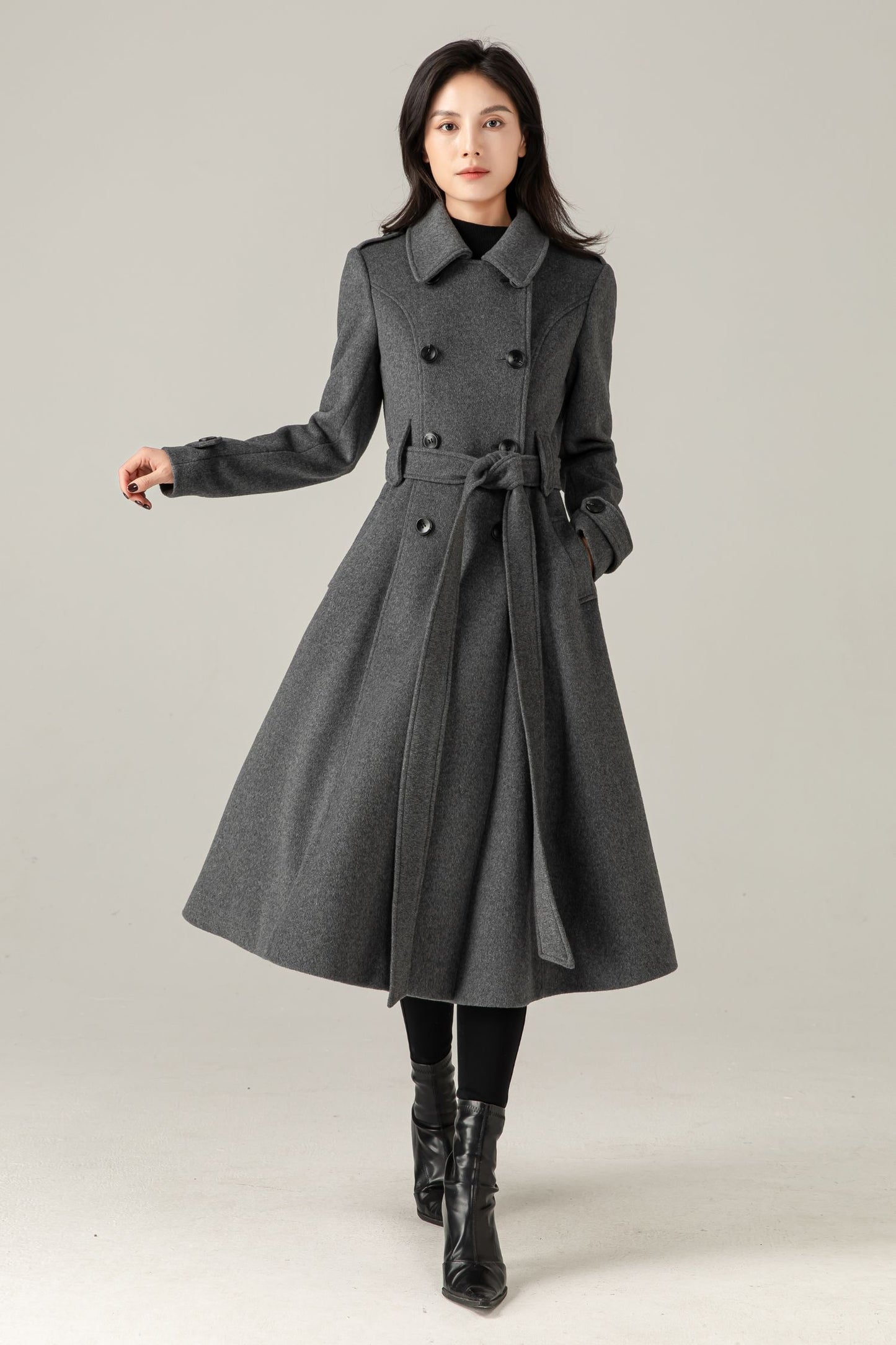 Gray Wool Blend Swing Coat: Double Breasted Belted Maxi Winter Overcoat, Ylistyle C5376