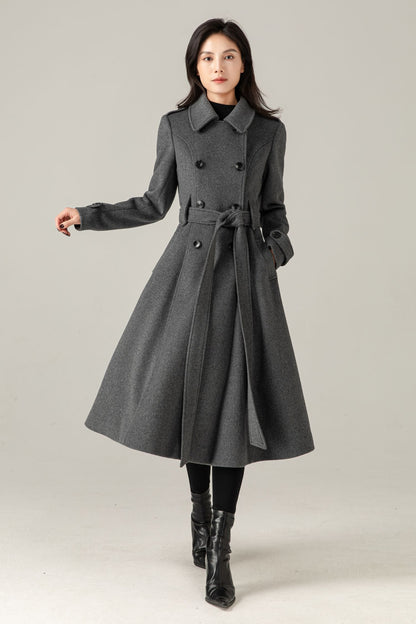 Gray Wool Blend Swing Coat: Double Breasted Belted Maxi Winter Overcoat, Ylistyle C5376