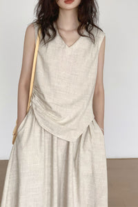 v-neck cotton linen sleeveless dress HY0004