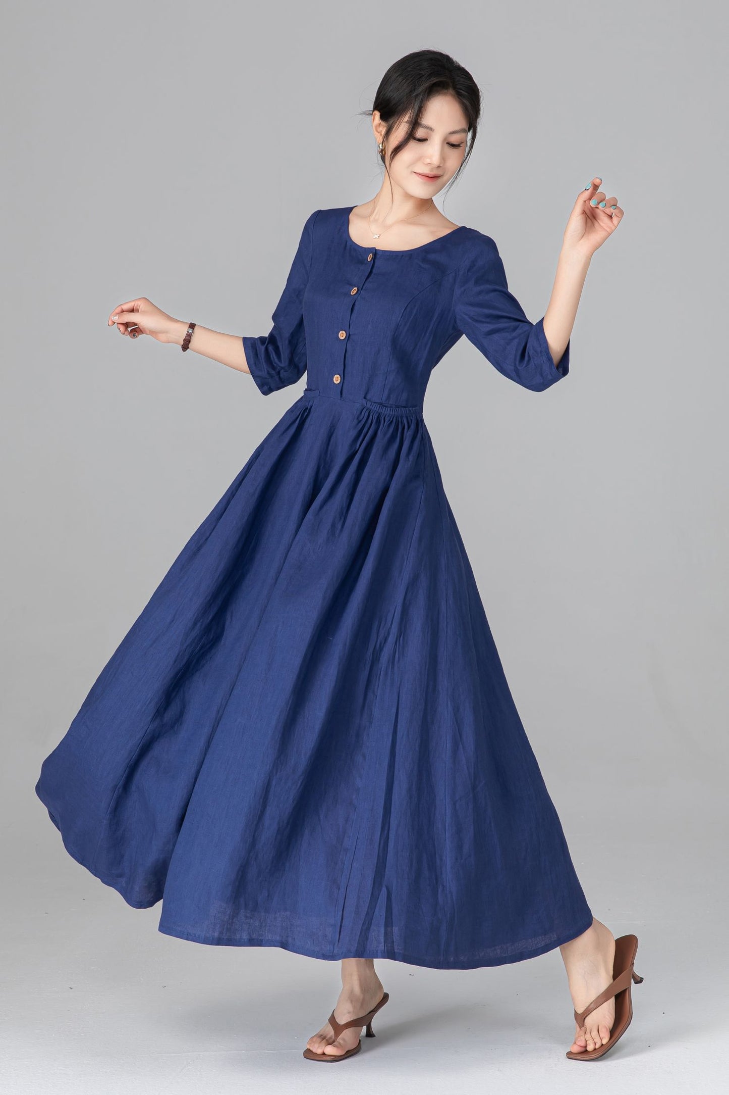 Blue Linen Maxi Dress - Pleated Waist & Button Front | Ylistyle C5514