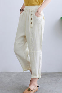 White Linen Casual Cropped Elastic Waist Pants C2294