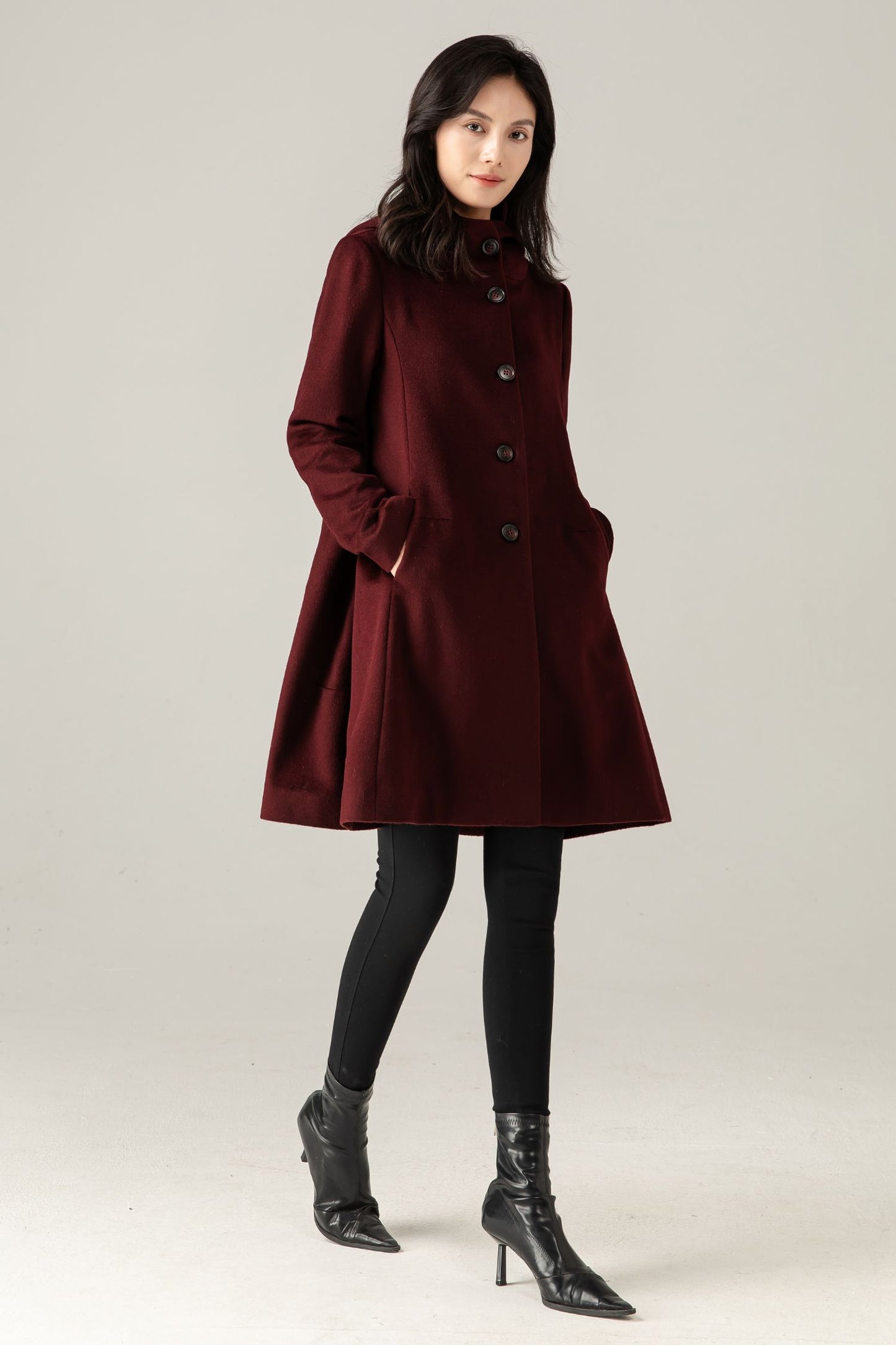 Burgundy Wool Blend Hooded Coat: A-Line Mid-Length Winter Overcoat, Ylistyle C5377
