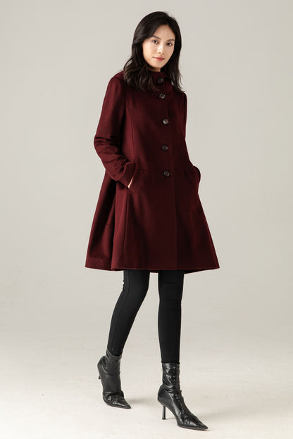 Burgundy Wool Blend Hooded Coat: A-Line Mid-Length Winter Overcoat, Ylistyle C5377