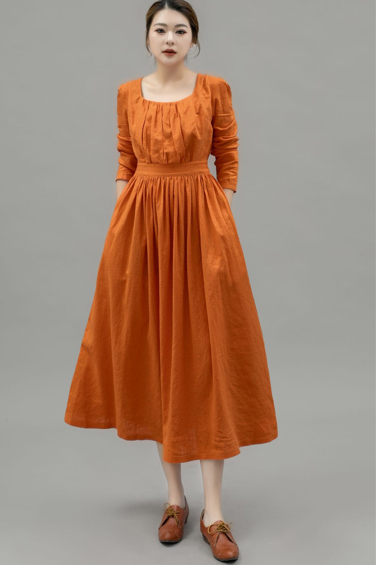 Light Orange Spring Linen Dress Women C4747