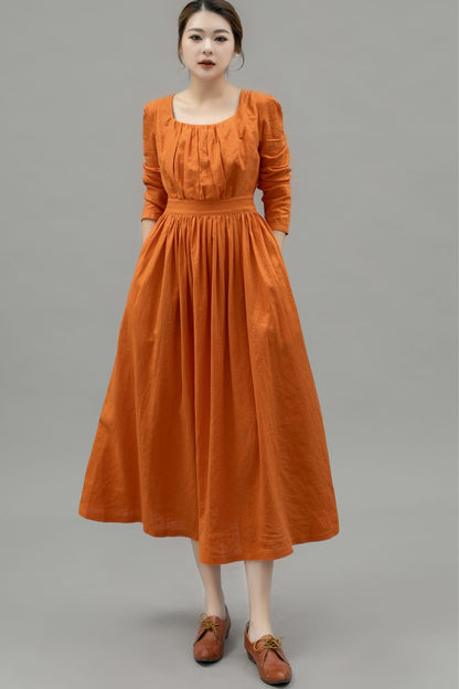 Light Orange Spring Linen Dress Women C4747