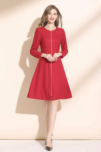 elegant red wool dress with zipper closure in front C3421