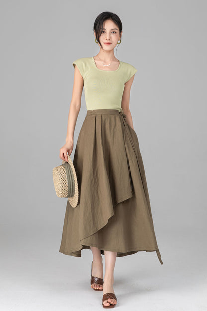Green Linen Cotton Wrap Midi Skirt - Asymmetrical Flowy Pleated A-Line c5519