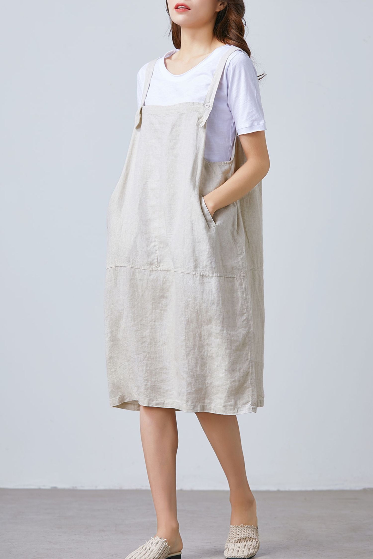 Beige Linen Vest Dress with Loose Fit and Functional Pockets Beige / S