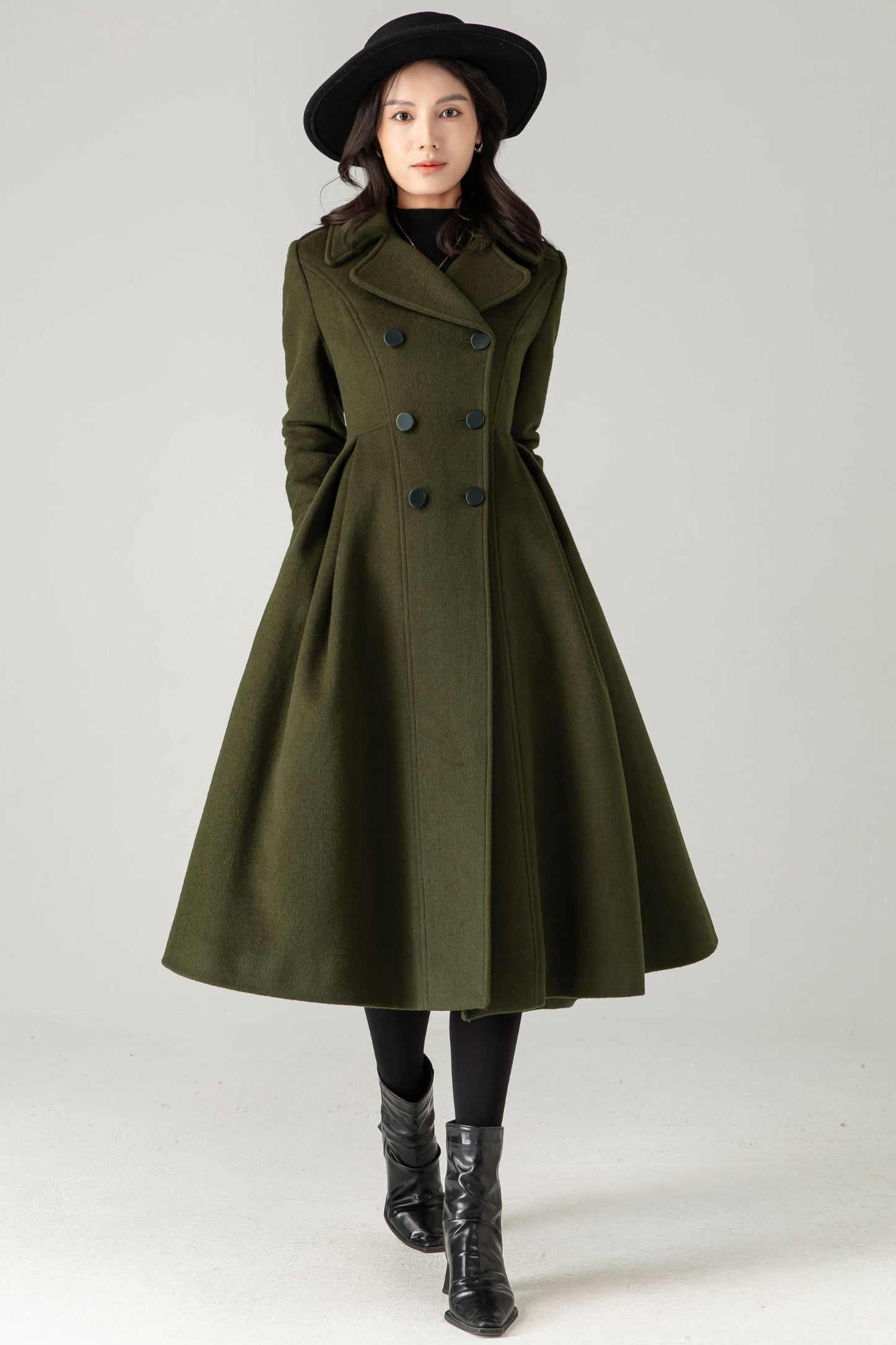 Vintage Inspired Long Princess Coat in Army Green C5342