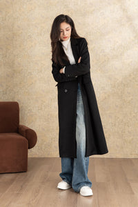 Black winter long casual wool coat C4467