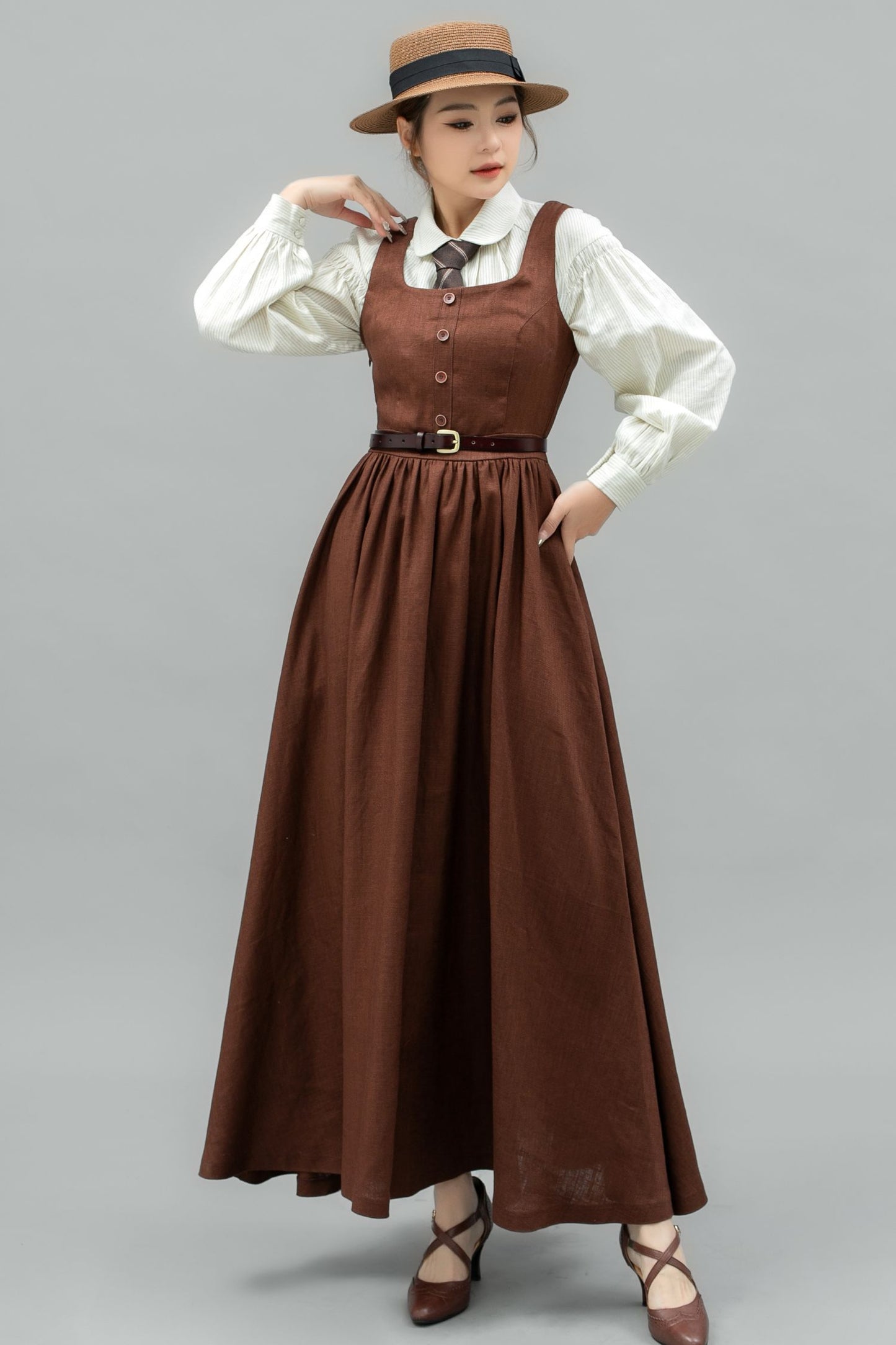 Brown linen Pinafore Maxi Dress C4746