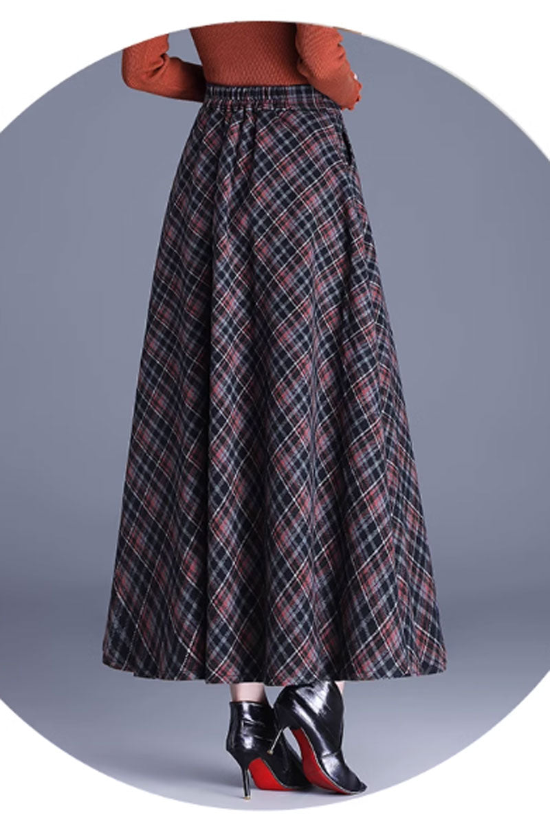 a line plaid long wool skirt women C3734