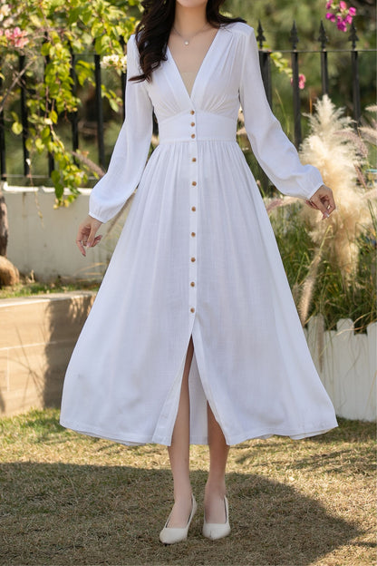 White Linen Cotton Midi Dress: Long Sleeve Button Front A-Line Summer Dress, Ylistyle C5445