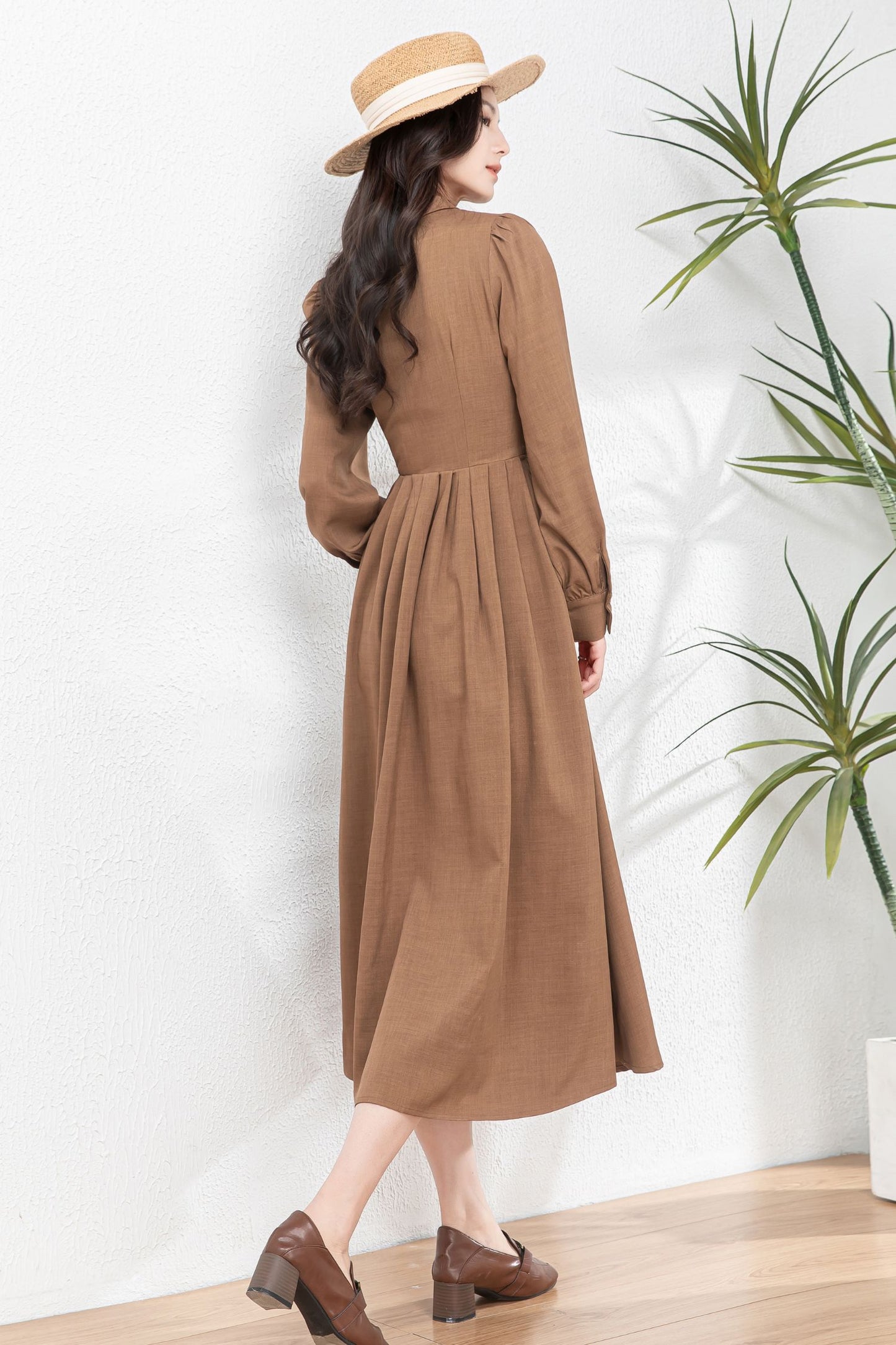 Vintage-Inspired Shirt Dress – Long Sleeve Midi Dress C4759