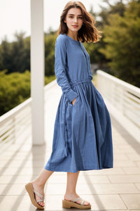 Blue Waist Drawstring Loose Dress C267