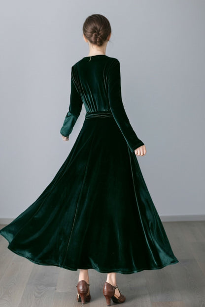 Long Velvet Wrap Dress with Belt C5358