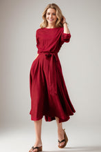 Load image into Gallery viewer, Women&#39;s Spring Burgundy Linen belted Dress C4104
