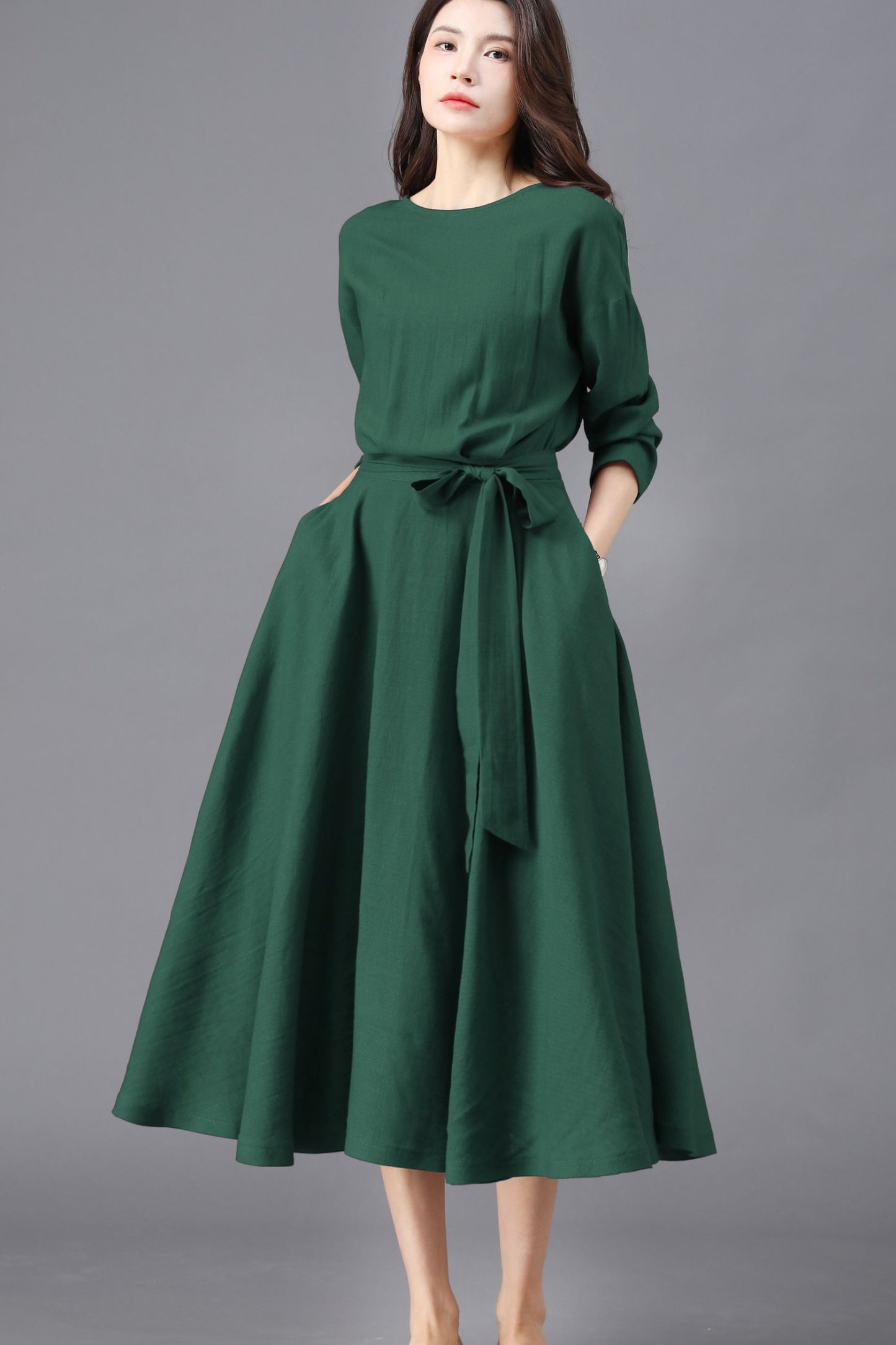 Dark Green Cotton Linen Midi Dress - Relaxed Fit with Belted Waist c5453