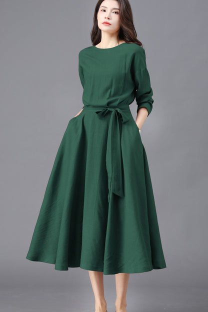Dark Green Cotton Linen Midi Dress - Relaxed Fit with Belted Waist c5453