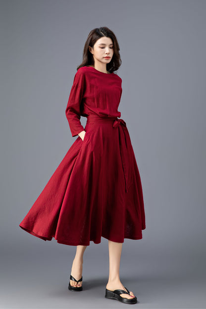 Women's Spring Burgundy Linen belted Dress C3909