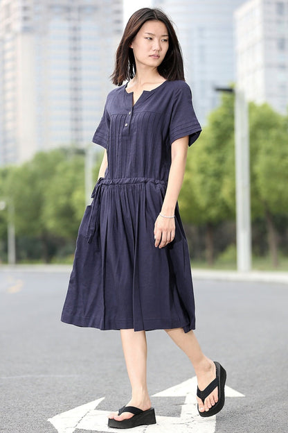 Casual Navy Blue Short-Sleeved Pleated Mid-Length Dress for Women C268
