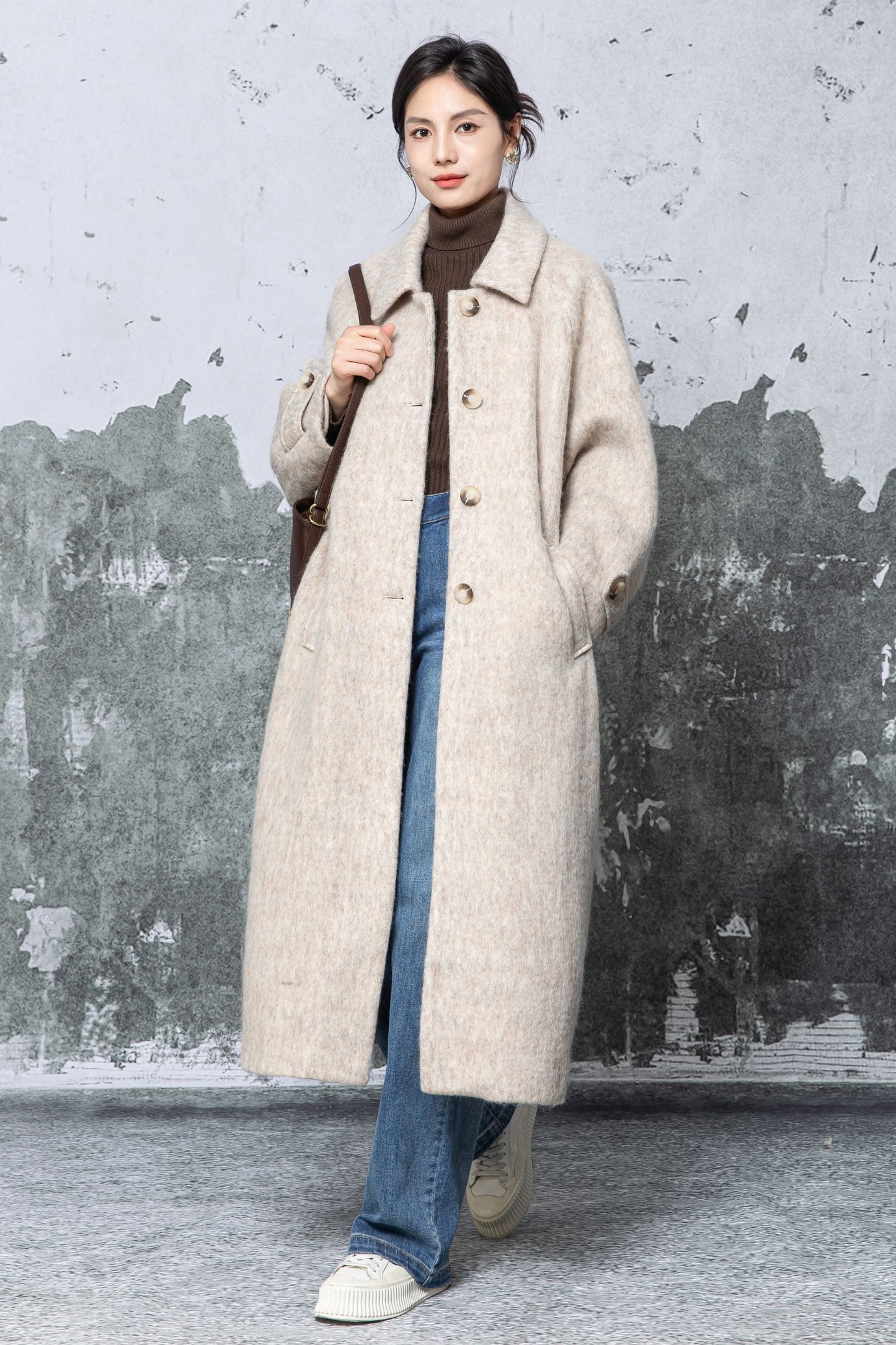 Camel Wool Blend Oversized Coat - Minimalist Long Overcoat c5479