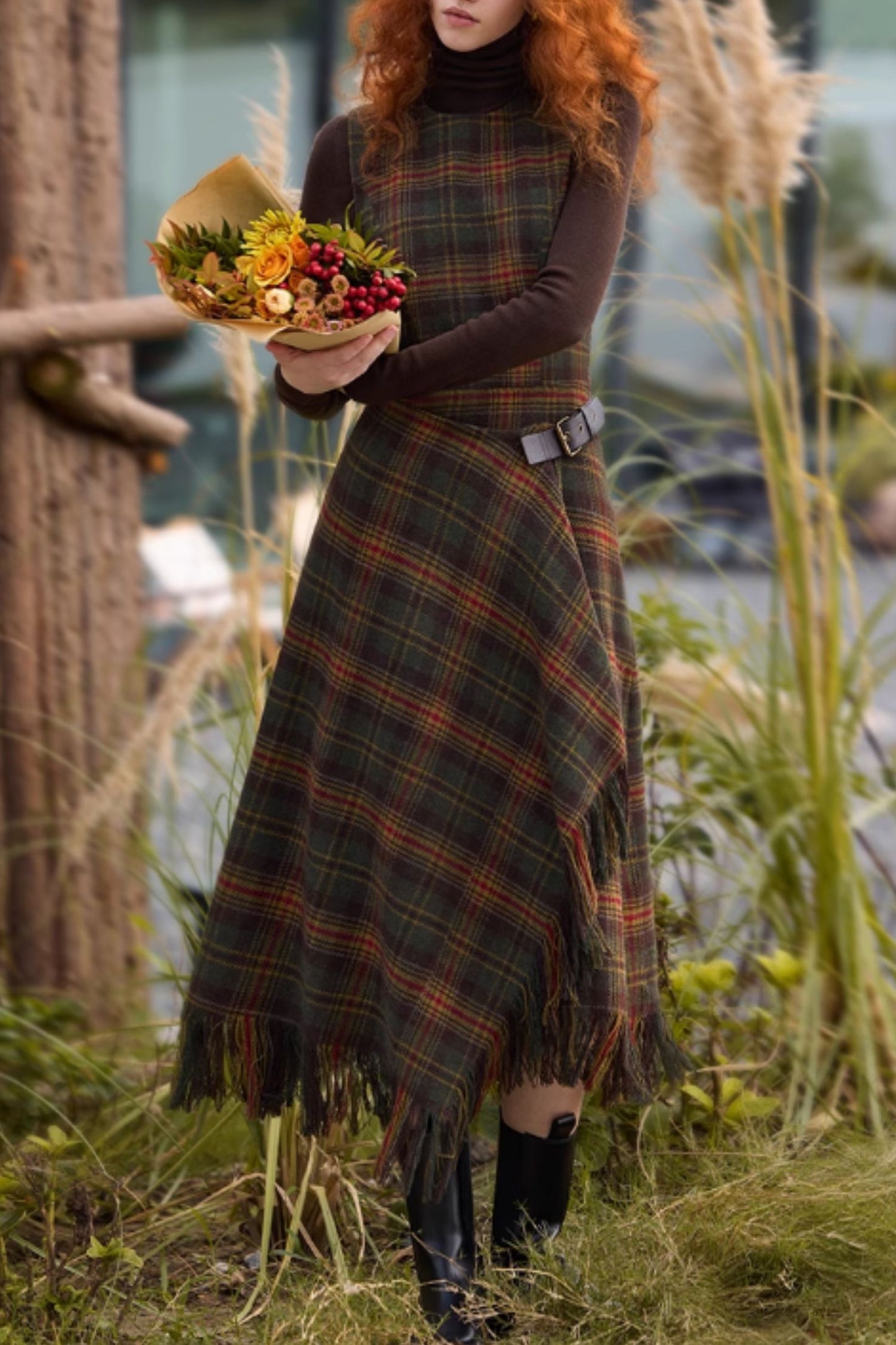 Sleeveless winter plaid wool dress women C5297