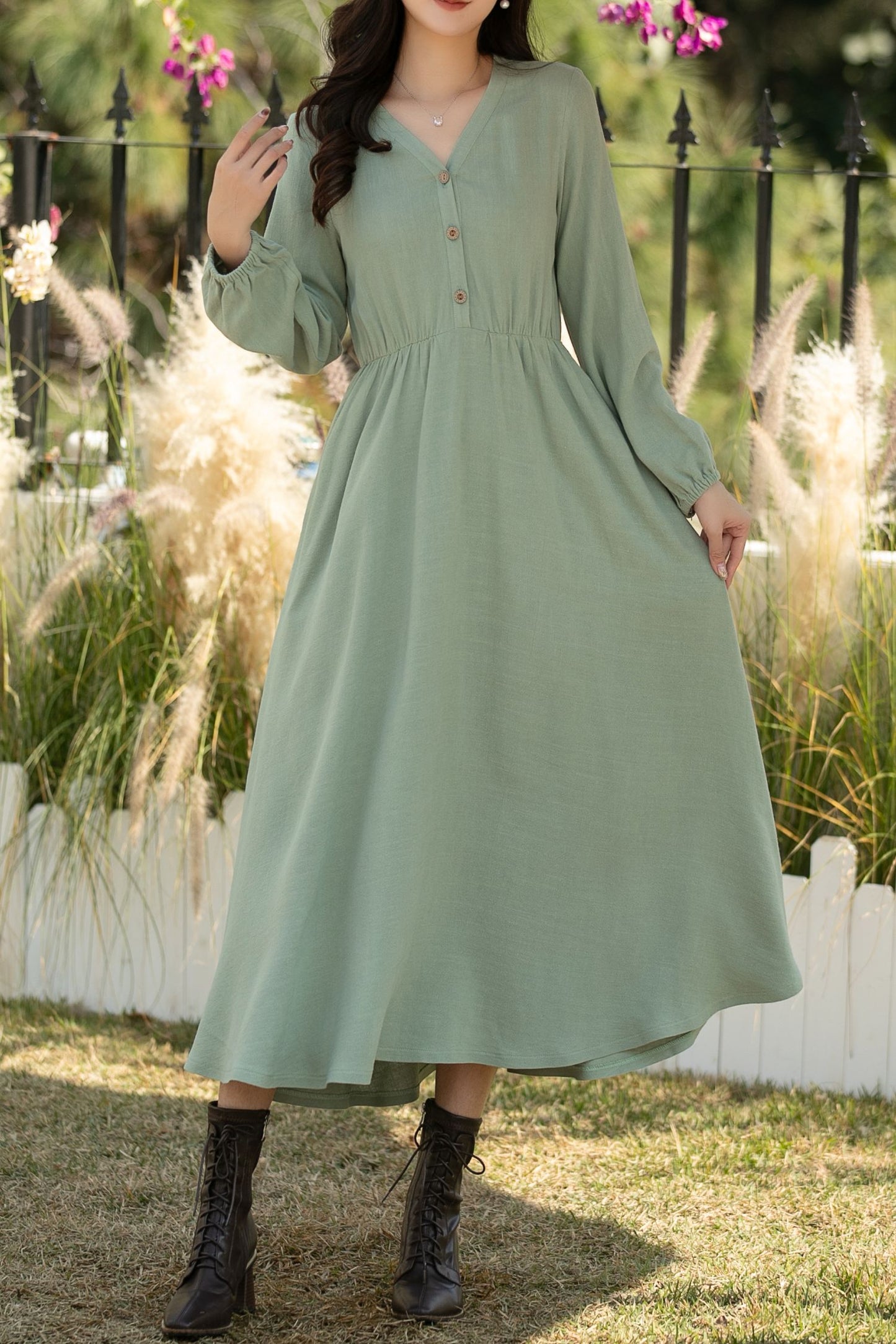 Sage Green Linen Cotton Midi Dress: Vintage Long Sleeve Button Front A-Line Dress, Ylistyle C5435