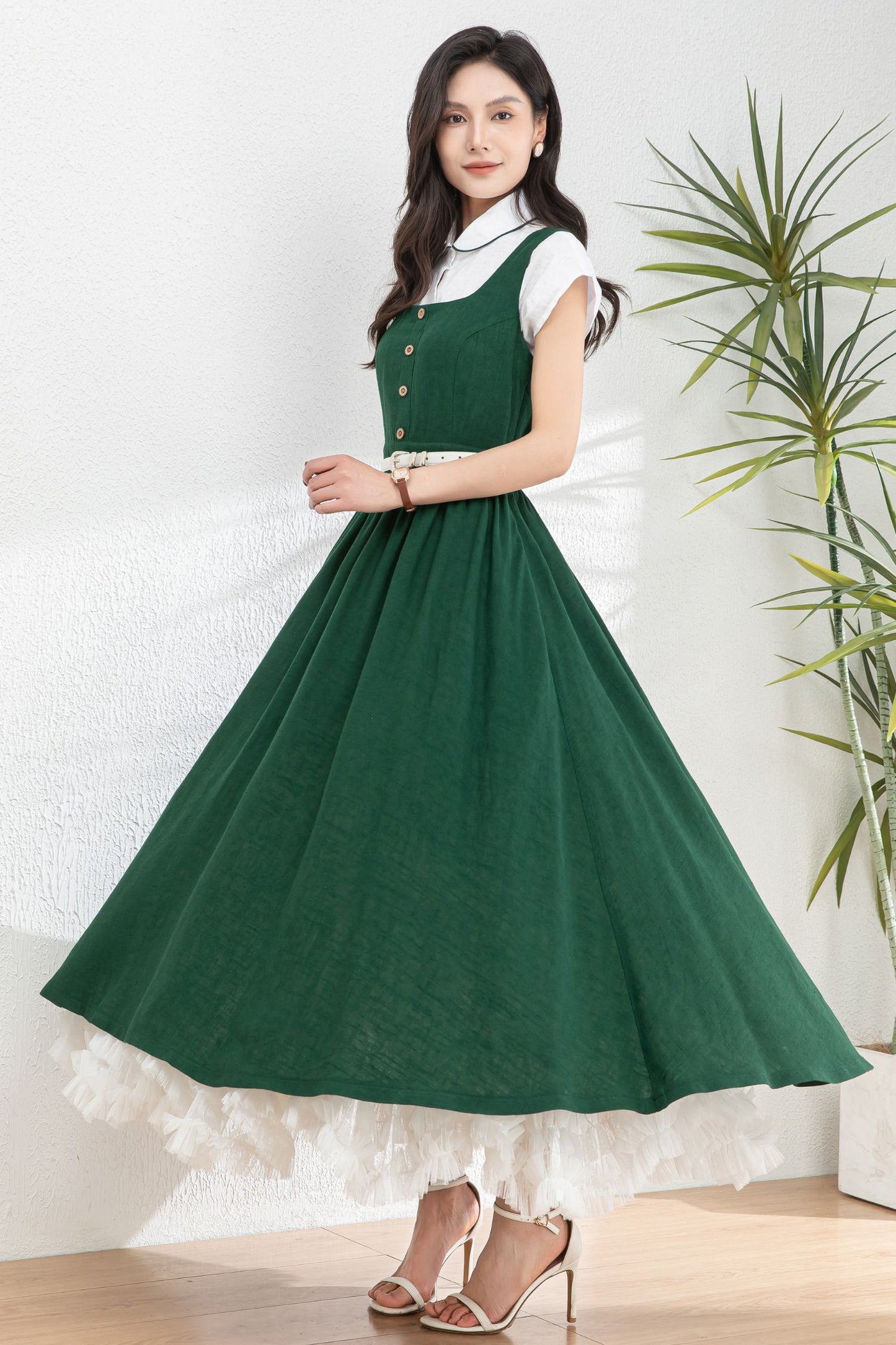 Summer Green Linen Pinafore Dress c4983