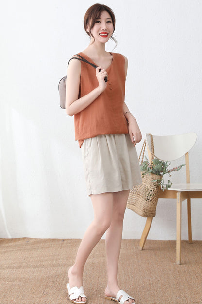 Sleeveless Summer organic linen Orange tops C2337
