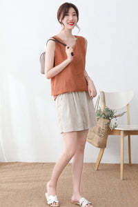 Sleeveless Summer organic linen Orange tops C2337