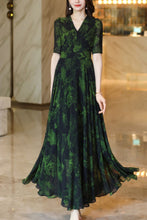 Load image into Gallery viewer, Dark green chiffon printed dress women summer C4122
