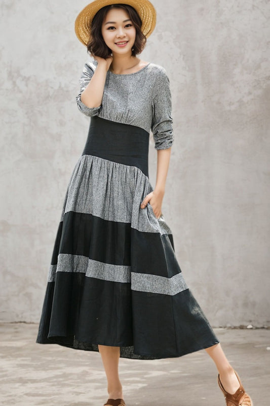 Black grey stripey Loose Fit Linen Dress c4683