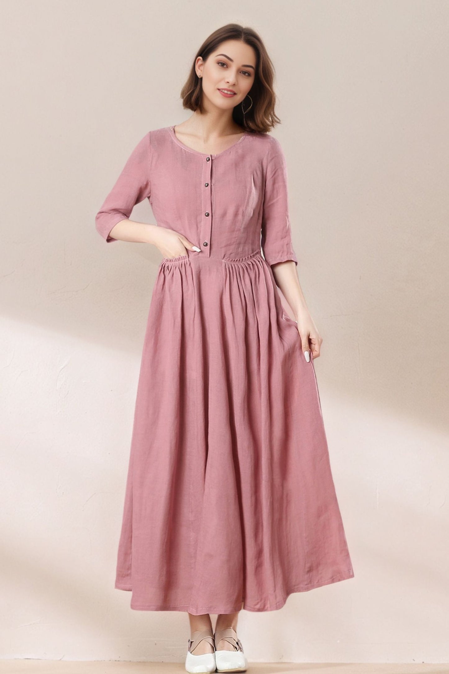 Women's Summer Pink Linen Dress C5383