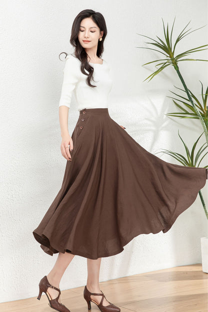 Brown Linen Swing Mid-Length A-Line Skirt C4764