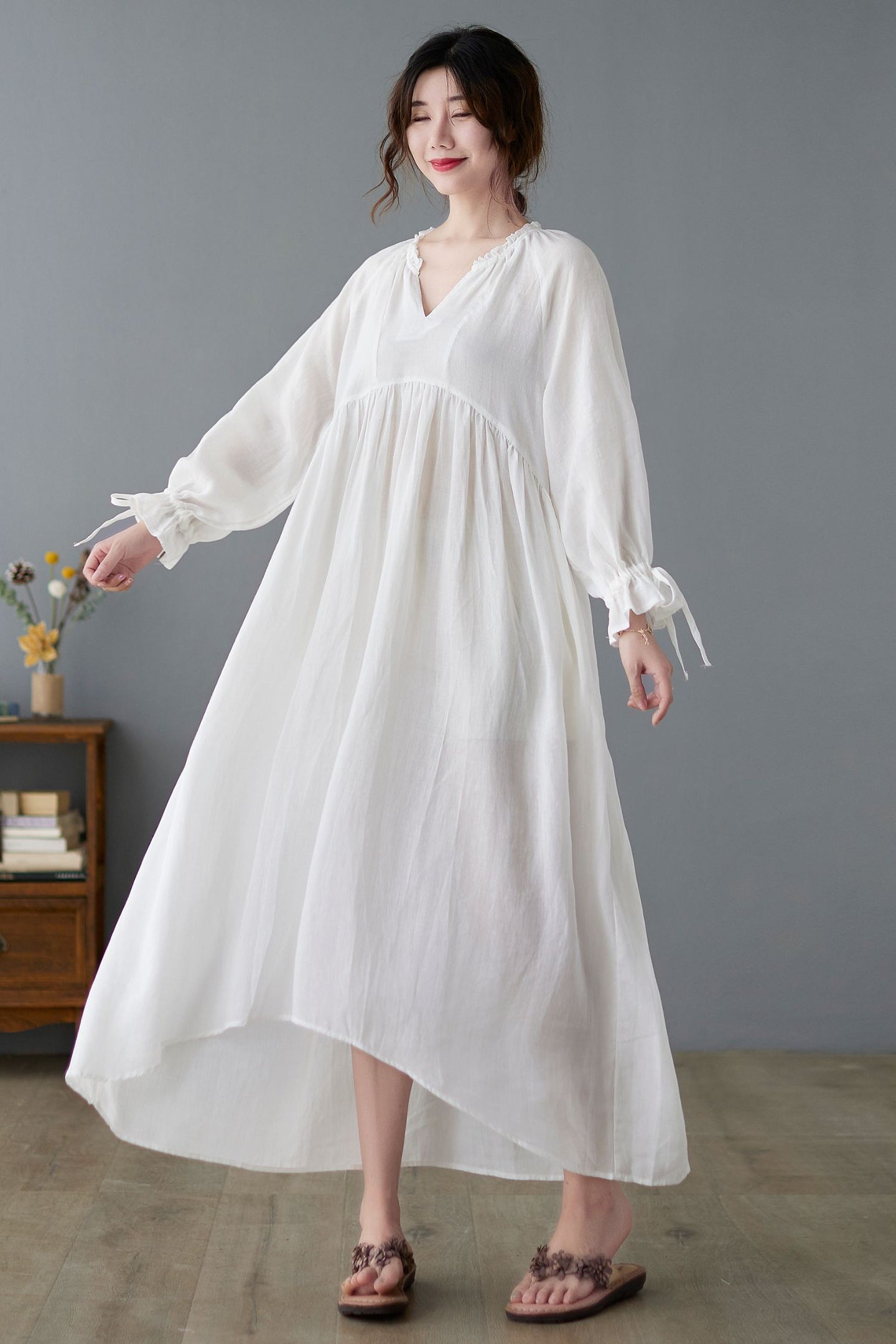 White Vantage Inspired French Long Swing Casual Pure Linen Dress C2237