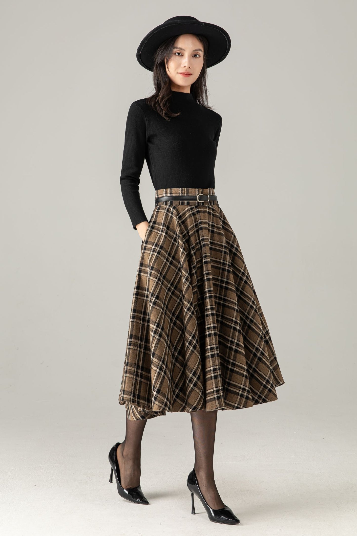 Wool Blend Plaid Midi Skirt : High Waist Swing Circle Skirt, Ylistyle C5375