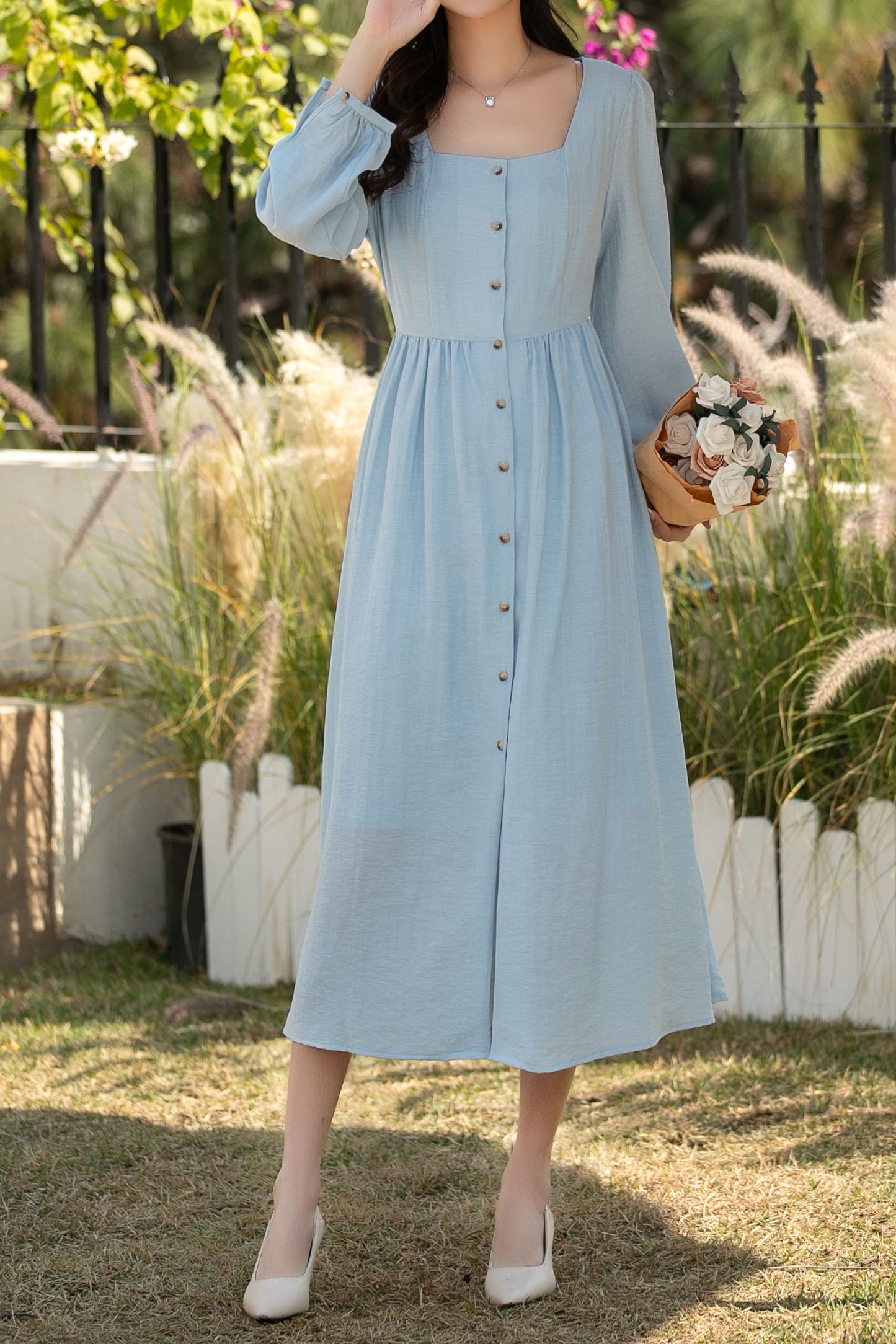 Blue Linen Midi Dress: Square Neck Long Sleeve Button Front A-Line Dress, Ylistyle C5442