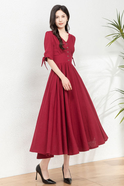 Burgundy fit and flare linen dress C4771