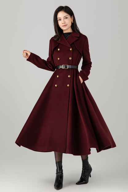 Burgundy winter long warm wool coat C5271