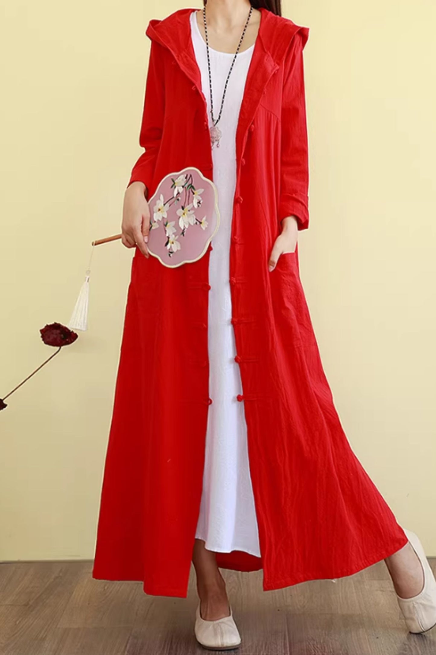 Hooded long linen shirt dress women C5430
