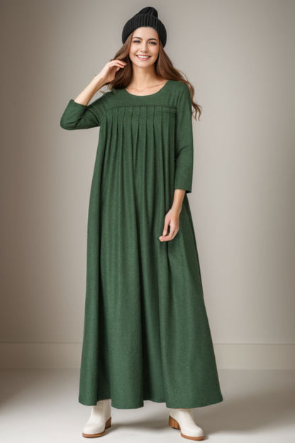 Green Wool winter maxi pleated dress C4273