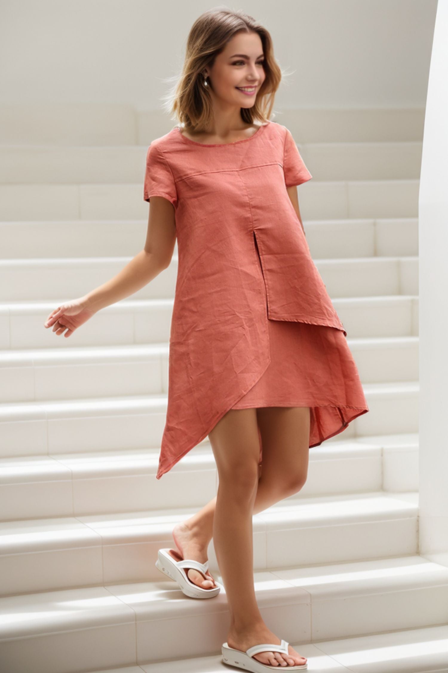 Rust Linen Mini Tunic Dress with Irregular Hem and Short Sleeves Orange / XS