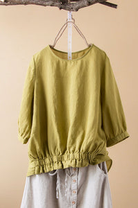loose round neck cotton linen shirt L0620