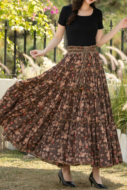 Brown Cotton Maxi Skirt - Floral Print, High Waisted Pleated c5440