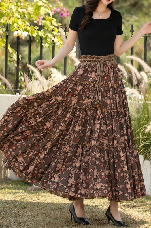 Brown Floral Cotton Maxi Skirt: High Waisted Pleated Long Skirt for Women, Handmade, Ylistyle C5440