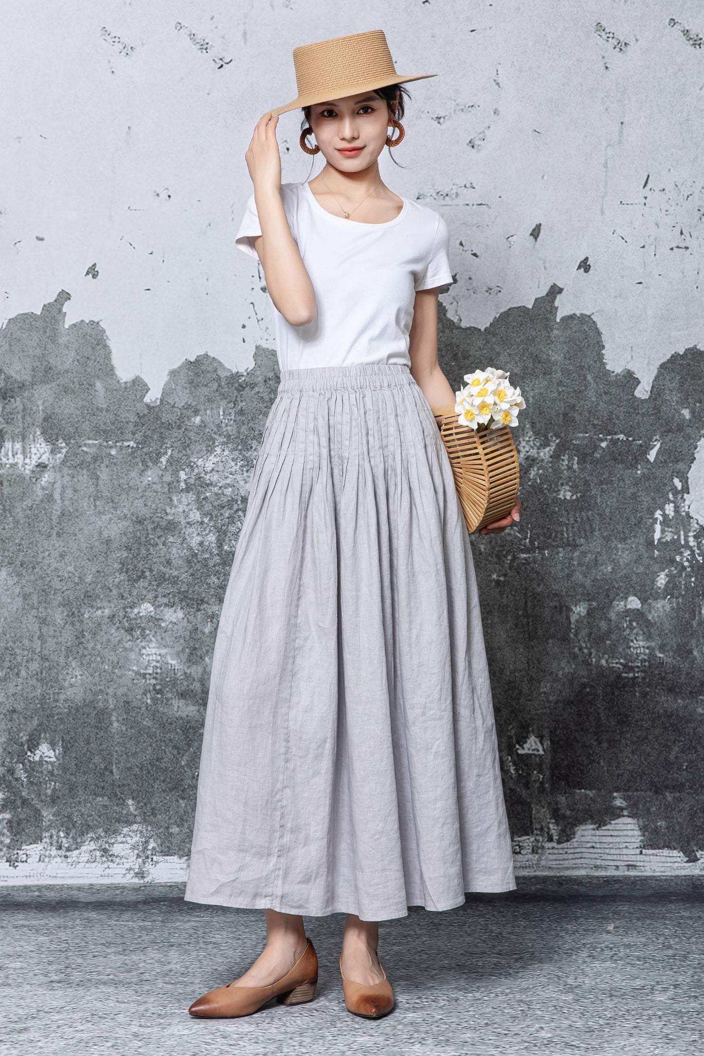 Gray Linen Maxi Skirt - Elastic Waist Pleated A-Line Silhouette c5466