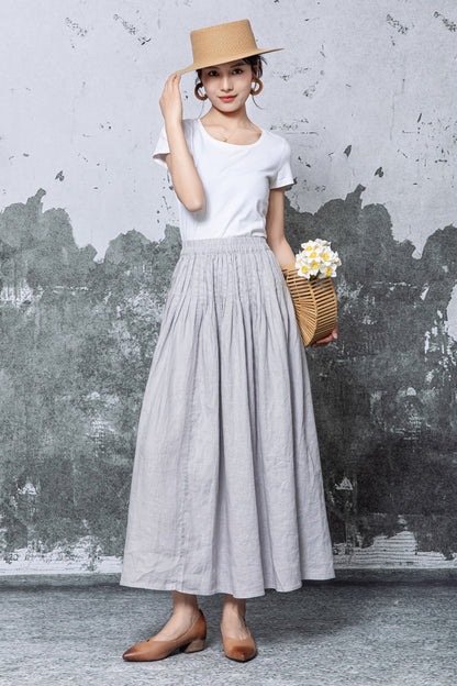 Gray Linen Maxi Skirt - Elastic Waist Pleated A-Line Silhouette c5466