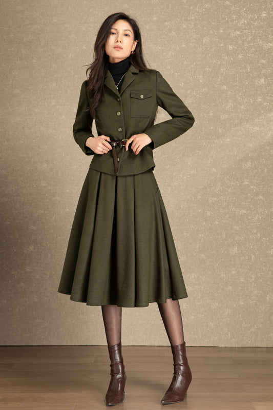 Army green short wool jacket coat C4488